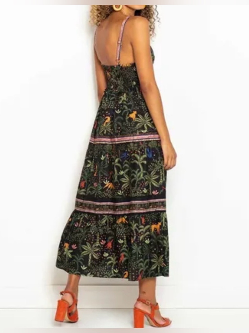 Farm Rio 100% Cotton V-Neck Tiered Tropical Print Maxi Floral Black Dress Sz S - Picture 2 of 15